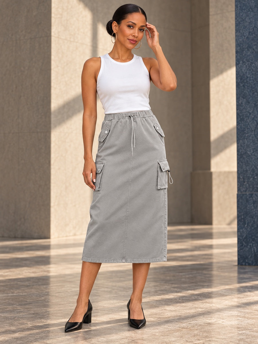 A-Line Buttoned Drawstring Pockets Solid Color Split-Joint Skirts Bottoms - 123865_CF_F2_v20261008
