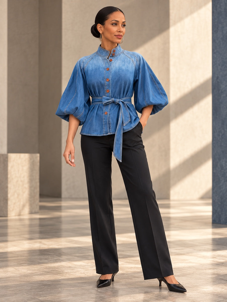 Half Sleeves Puff Sleeves Buttoned Gradient Tied Waist Stand Collar Blouses&Shirts Tops - 180632_OL_F3_v20261008