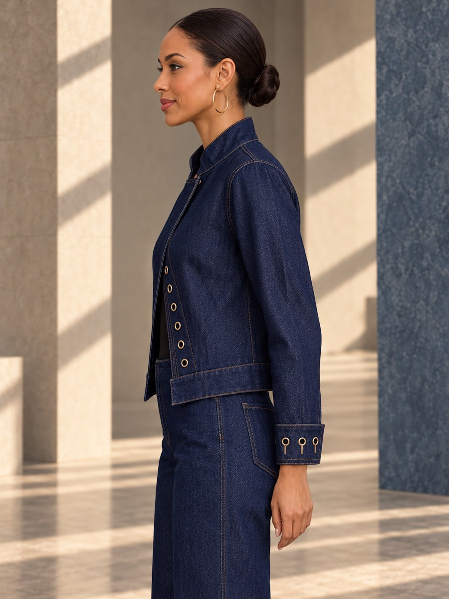 Cropped Long Sleeves Buttoned Hollow Solid Color Stand Collar Outerwear - 205700_S1_v01