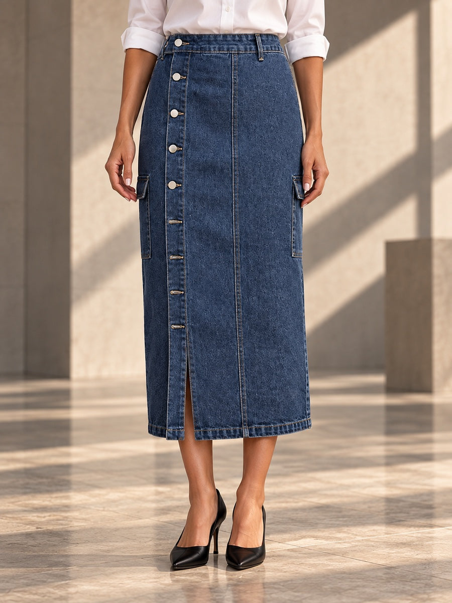 Loose Buttoned Pockets Split-front Long Skirts Skirts Bottoms - 140934_LOWER_v20261008