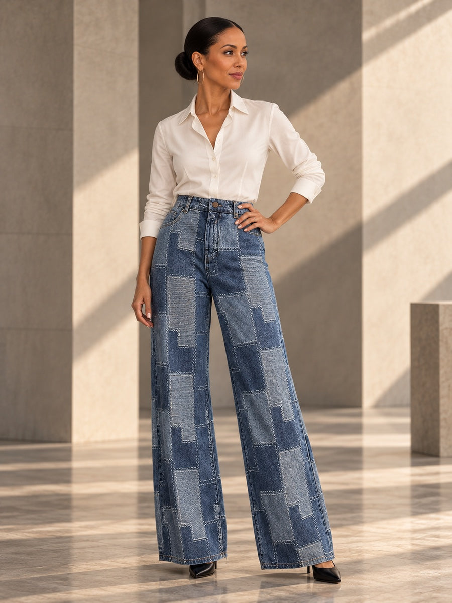 Loose Wide Leg Buttoned Plaid Pockets Split-Joint Jean Pants Bottoms - 170568_OL_F3_v20261008