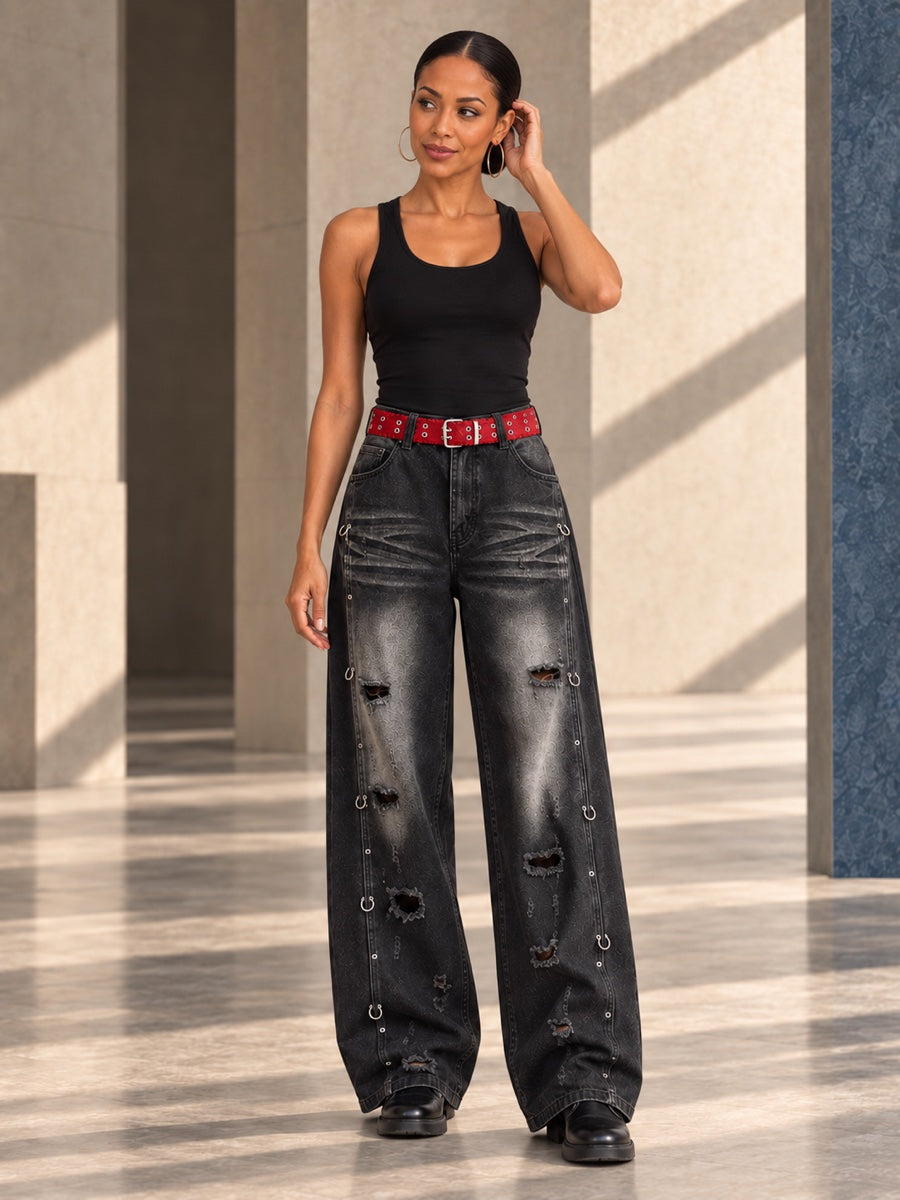 High Waisted Wide Leg Belt Buckle Hollow Pockets Printed Ripped Split-Joint Jean Pants Bottoms - 207025_CF_F2_v01