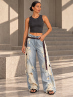 High Waisted Wide Leg Asymmetric Buttoned Contrast Color Jacquard Pockets Split-Joint Streamer Jean Pants Bottoms - 207026_OL_F3_v04