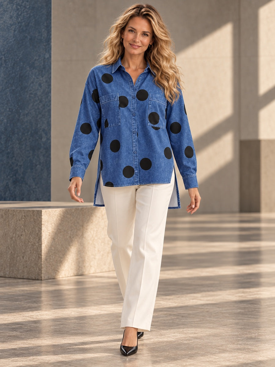High-Low Irregularity Buttoned Contrast Color Pockets Polka-Dot Split-Joint Split-Side Stand Collar Blouses&Shirts Tops - 201952_CF_F1_v20261008
