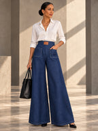 High Waisted Loose Elasticity Pockets Solid Color Zipper Jean Pants Bottoms - 193619_OL_F1_v20261008