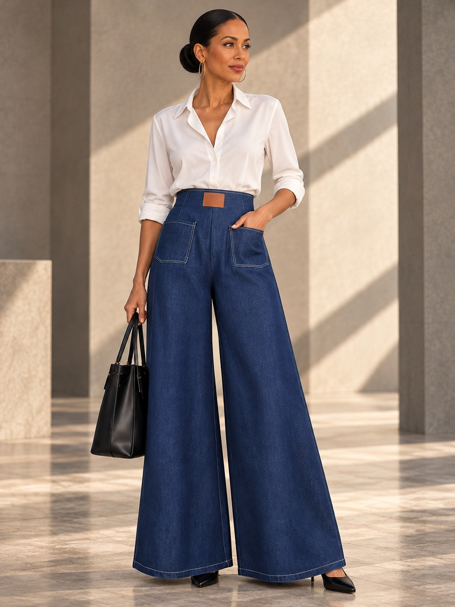 High Waisted Loose Elasticity Pockets Solid Color Zipper Jean Pants Bottoms - 193619_OL_F1_v20261008