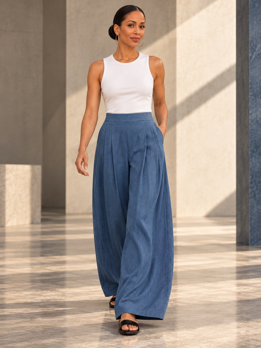 Loose Wide Leg Pleated Pockets Solid Color Jean Pants Bottoms Trousers - 187474_CF_F1_v20261008