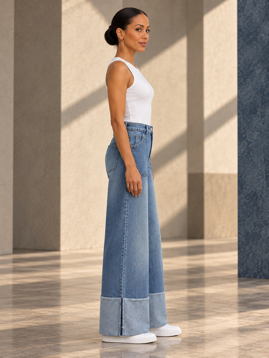 High Waisted Wide Leg Contrast Color Pockets Jean Pants Bottoms - 187827_S1_v20261008