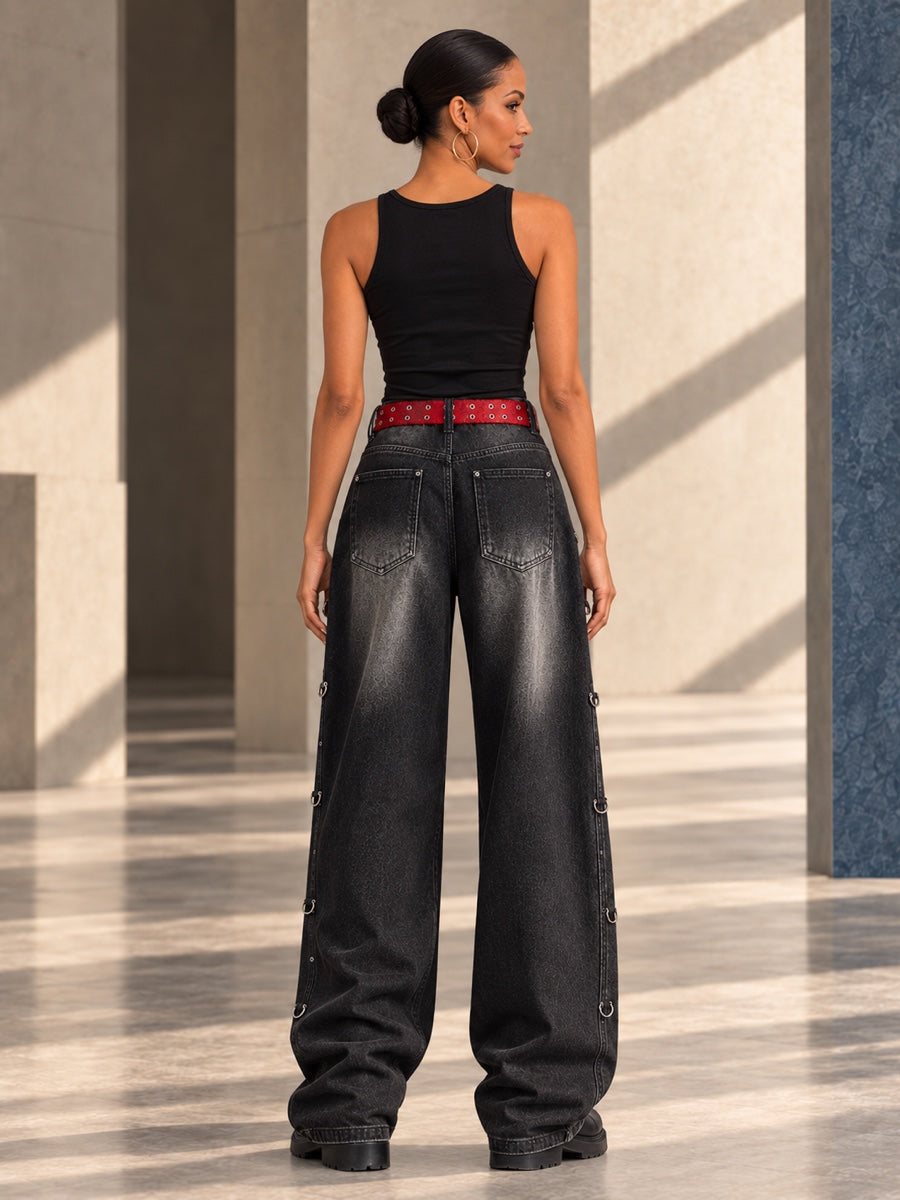High Waisted Wide Leg Belt Buckle Hollow Pockets Printed Ripped Split-Joint Jean Pants Bottoms - 207025_B1_v01