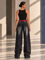 High Waisted Wide Leg Belt Buckle Hollow Pockets Printed Ripped Split-Joint Jean Pants Bottoms - 207025_B1_v01