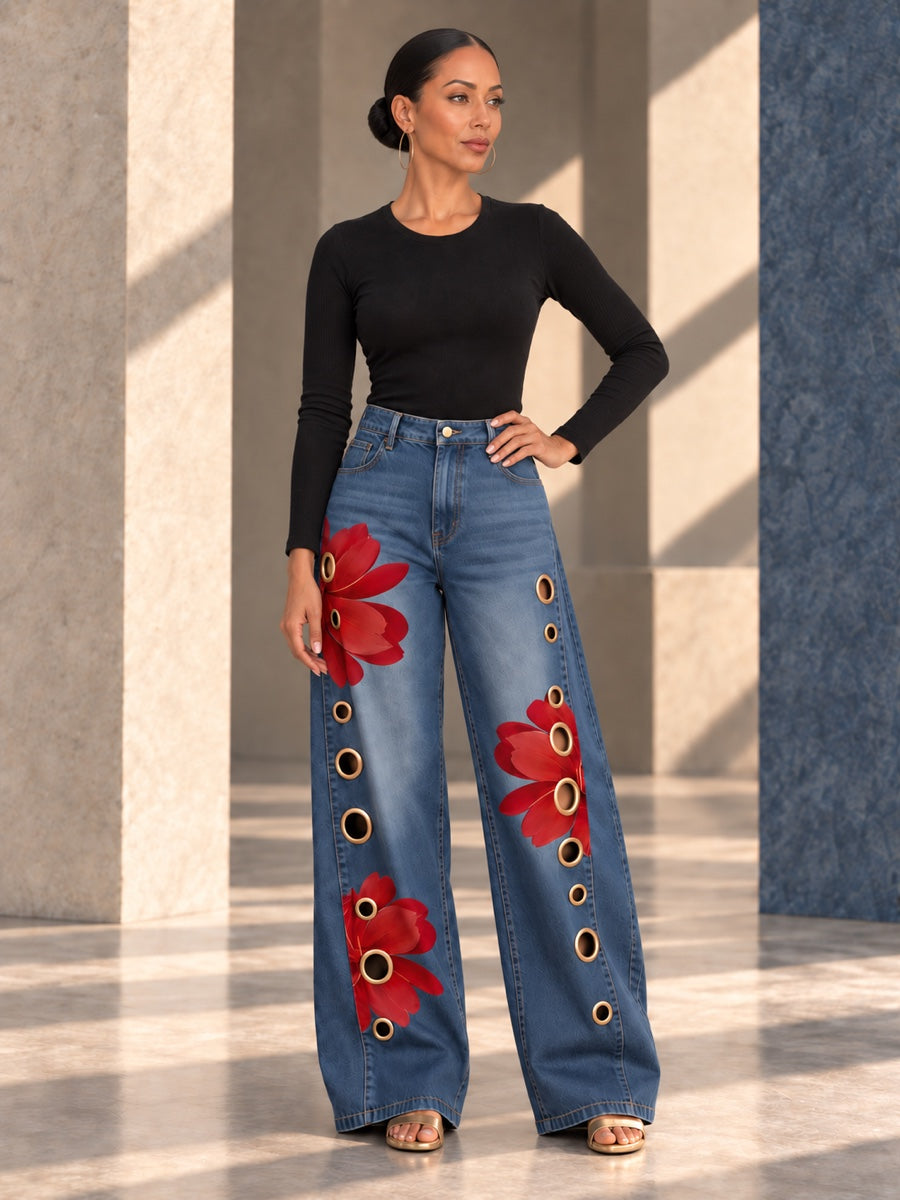 High Waisted Wide Leg Buttoned Flower Print Hollow Pockets Jean Pants Bottoms Trousers - 207136_OL_F3_v04