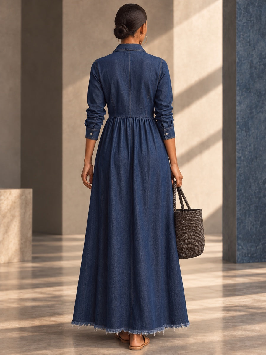 A-line Long Sleeves Buttoned Pleated Pockets Solid Color Split-Joint Lapel Maxi Dresses - 209470_B1_v01