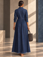 A-line Long Sleeves Buttoned Pleated Pockets Solid Color Split-Joint Lapel Maxi Dresses - 209470_B1_v01