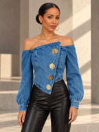 Irregularity Long Sleeves Buttoned Pleated Solid Color Split-Joint Off-The-Shoulder Blouses&Shirts Tops - 202153_UPPER_v20261008