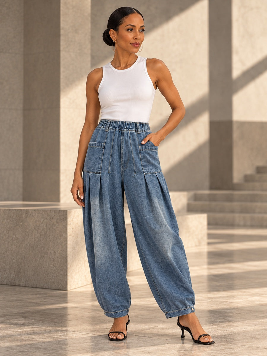 Loose Elasticity Pockets Solid Color Jean Pants Bottoms Trousers - 187849_OL_F3_v20261008