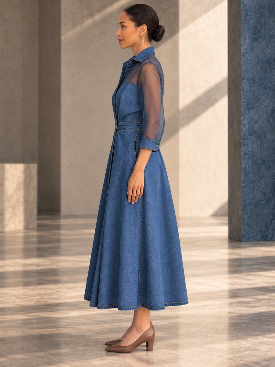 A-Line High Waisted Buttoned Pockets See-Through Solid Color Split-Joint Lapel Maxi Dresses - 203907_S1_v01