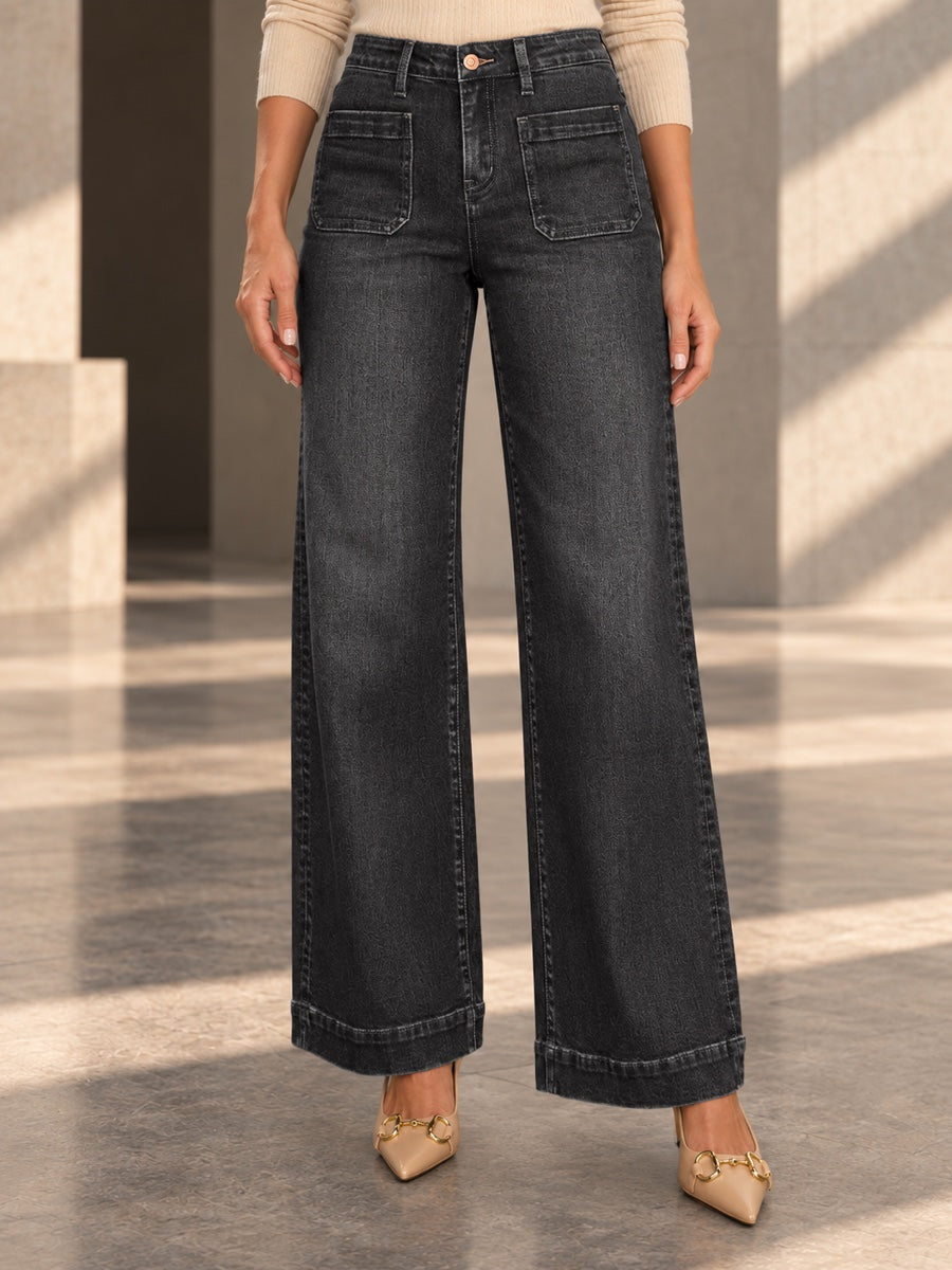 Column High Waisted Pockets Solid Color Jean Pants Bottoms Trousers - 209468_下半身_v04
