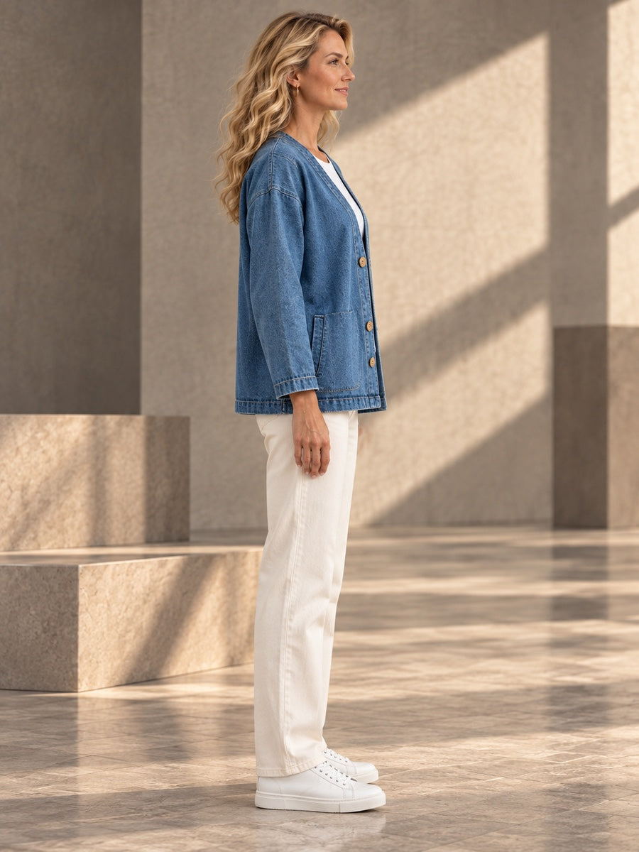 Long Sleeves Plus Size Buttoned Solid Color Collarless Denim Outerwear - 209471_S1_v20261008