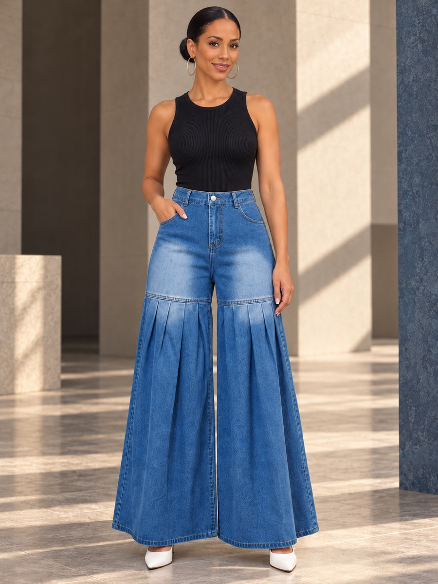 High Waisted Wide Leg Buttoned Elasticity Pleated Pockets Solid Color Split-Joint Zipper Jean Pants Bottoms Trousers - 208193_CF_F1_v01
