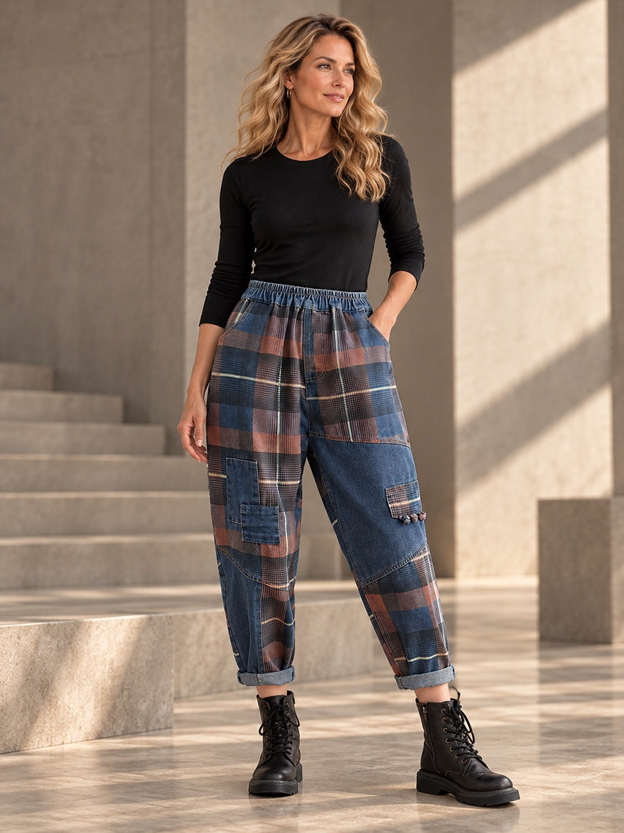 Harem Pants Loose Elasticity Plaid Jean Pants Bottoms - 100079_OL_F3_v20261008