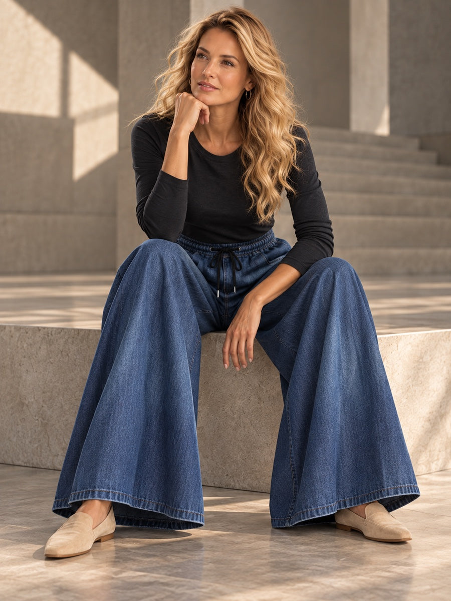 High Waisted Loose Drawstring Elasticity Pleated Pockets Jean Pants Bottoms - 177223_OL_F2_v20261008