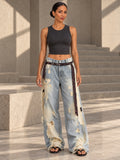 High Waisted Wide Leg Asymmetric Buttoned Contrast Color Jacquard Pockets Split-Joint Streamer Jean Pants Bottoms - 207026_OL_F1_v01