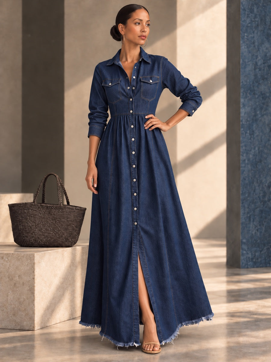 A-line Long Sleeves Buttoned Pleated Pockets Solid Color Split-Joint Lapel Maxi Dresses - 209470_OL_F3_v04