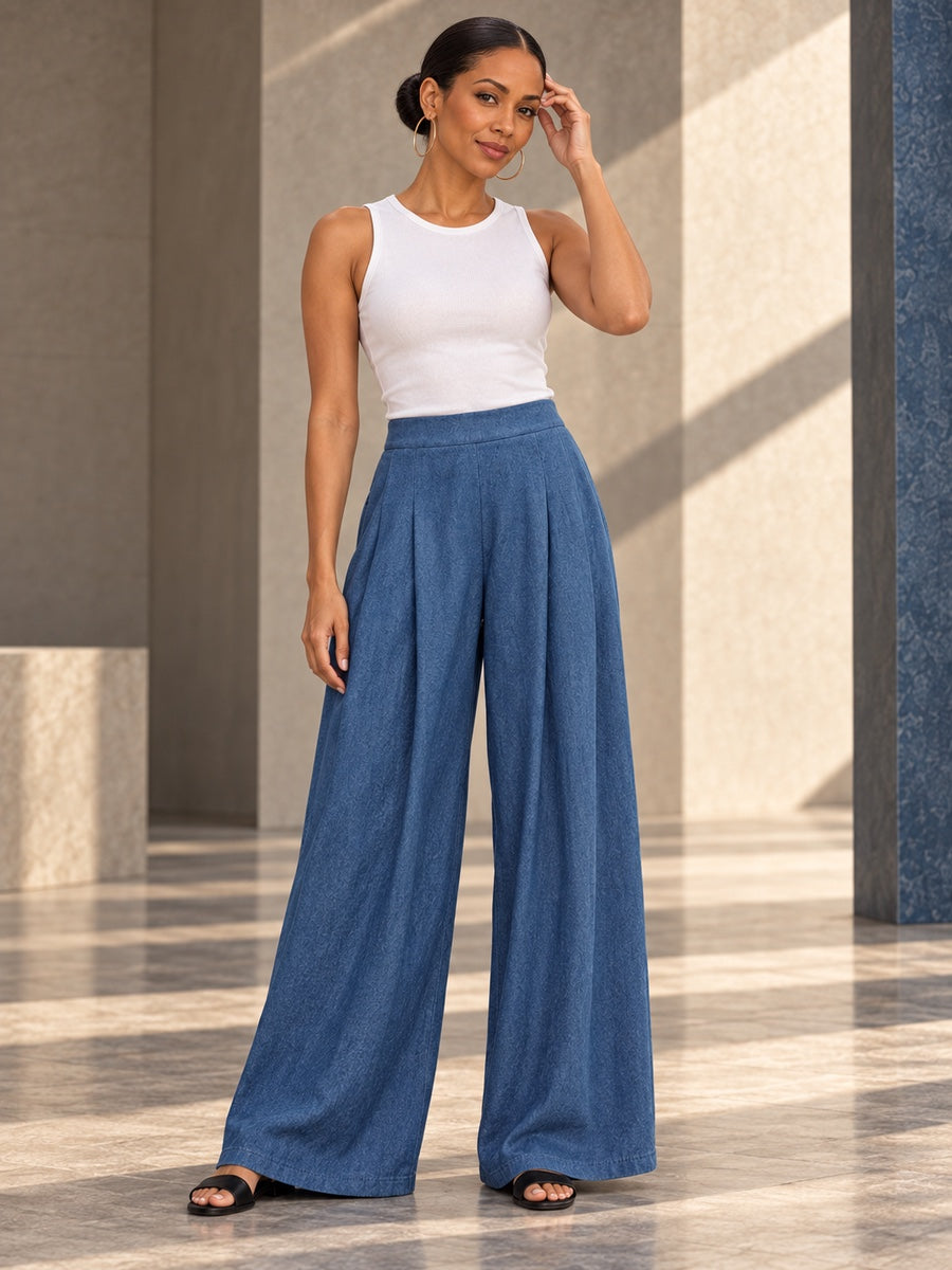 Loose Wide Leg Pleated Pockets Solid Color Jean Pants Bottoms Trousers - 187474_CF_F2_v20261008