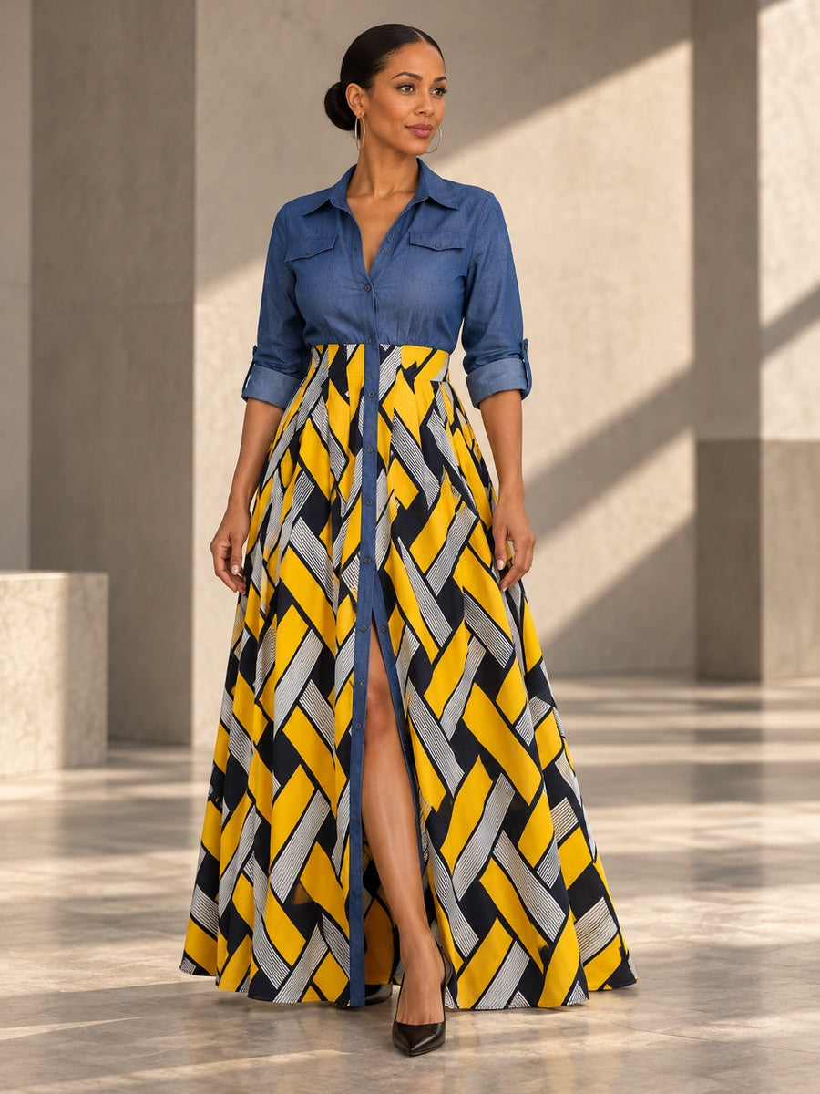 Long Sleeves Loose Buttoned Elasticity Printed Split-Joint Lapel Maxi Dresses - 127282_OL_F1_v20261008