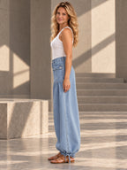 High Waisted Wide Leg Buttoned Drawstring Elasticity Pleated Pockets Solid Color Jean Pants Bottoms - 207162_S1_v01