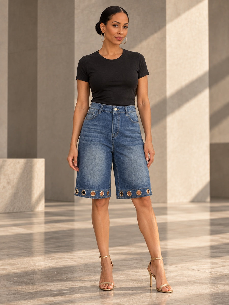 High Waisted Wide Leg Buttoned Hollow Pockets Solid Color Split-Joint Jean Pants Bottoms Shorts Bottoms - 204904_OL_F1_v20261008