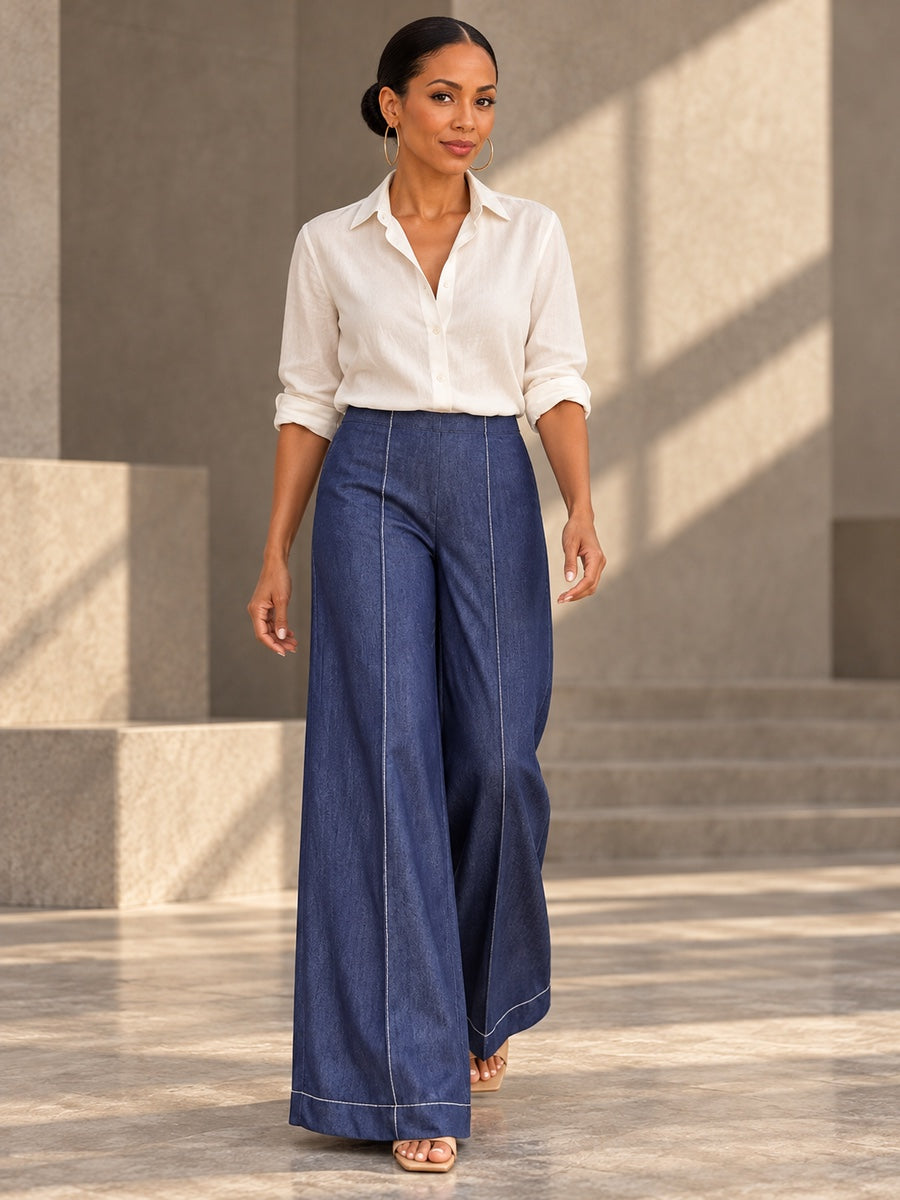 High Waisted Loose Elasticity Pockets Solid Color Jean Pants Bottoms Trousers - 182665_CF_F1_v20261008