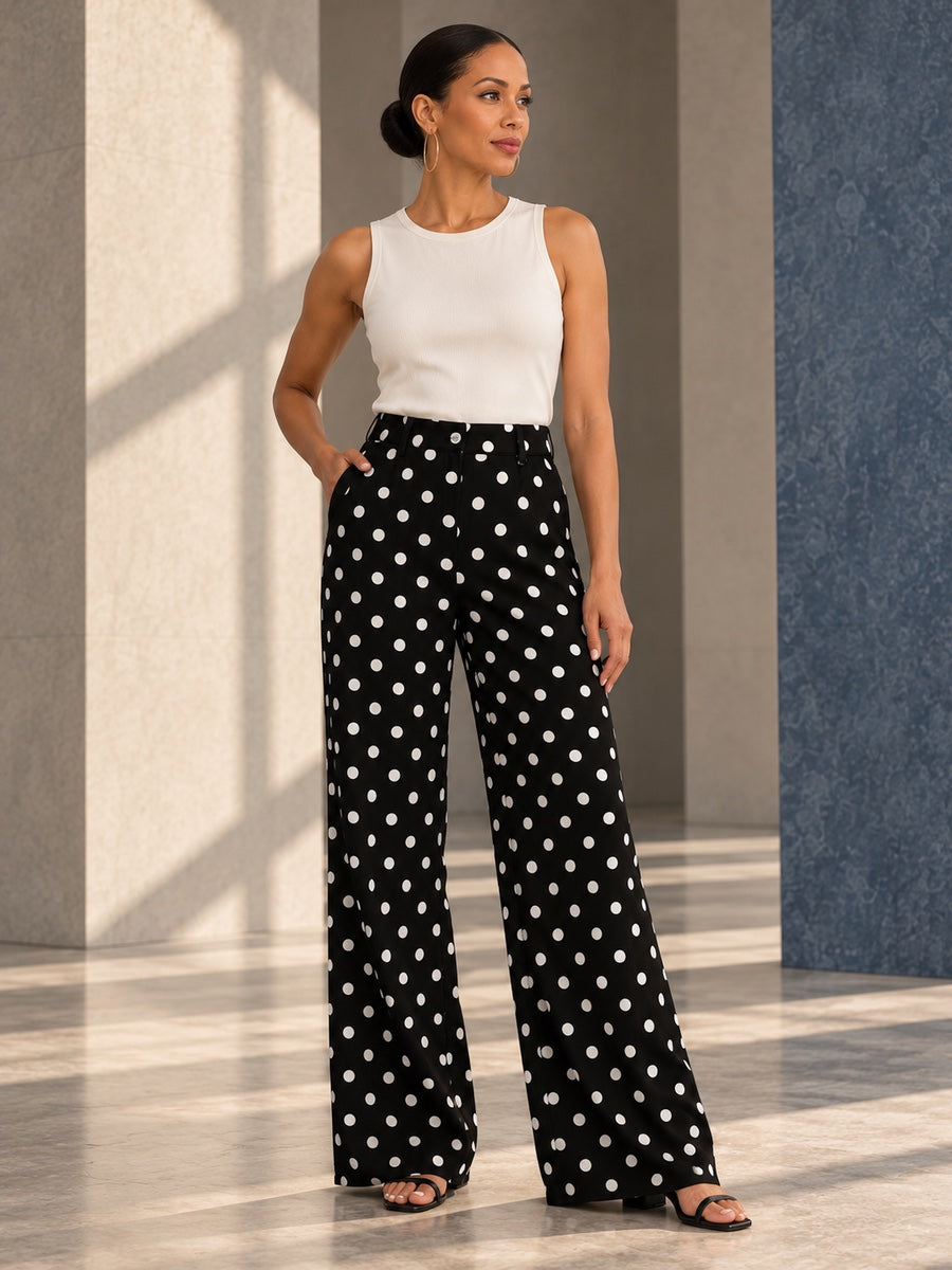High Waisted Wide Leg Buttoned Contrast Color No Belt Polka Dot Zipper Pants Trousers - 207505_OL_F3_v20261008
