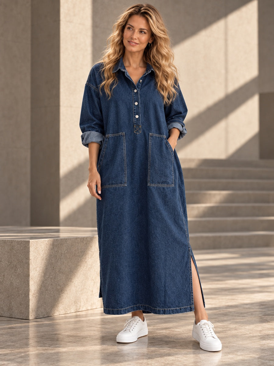 Long Sleeves Loose Buttoned Pockets Solid Color Split-Joint Split-Side Lapel Maxi Dresses Shirt Dress - 201971_OL_F1_v20261008