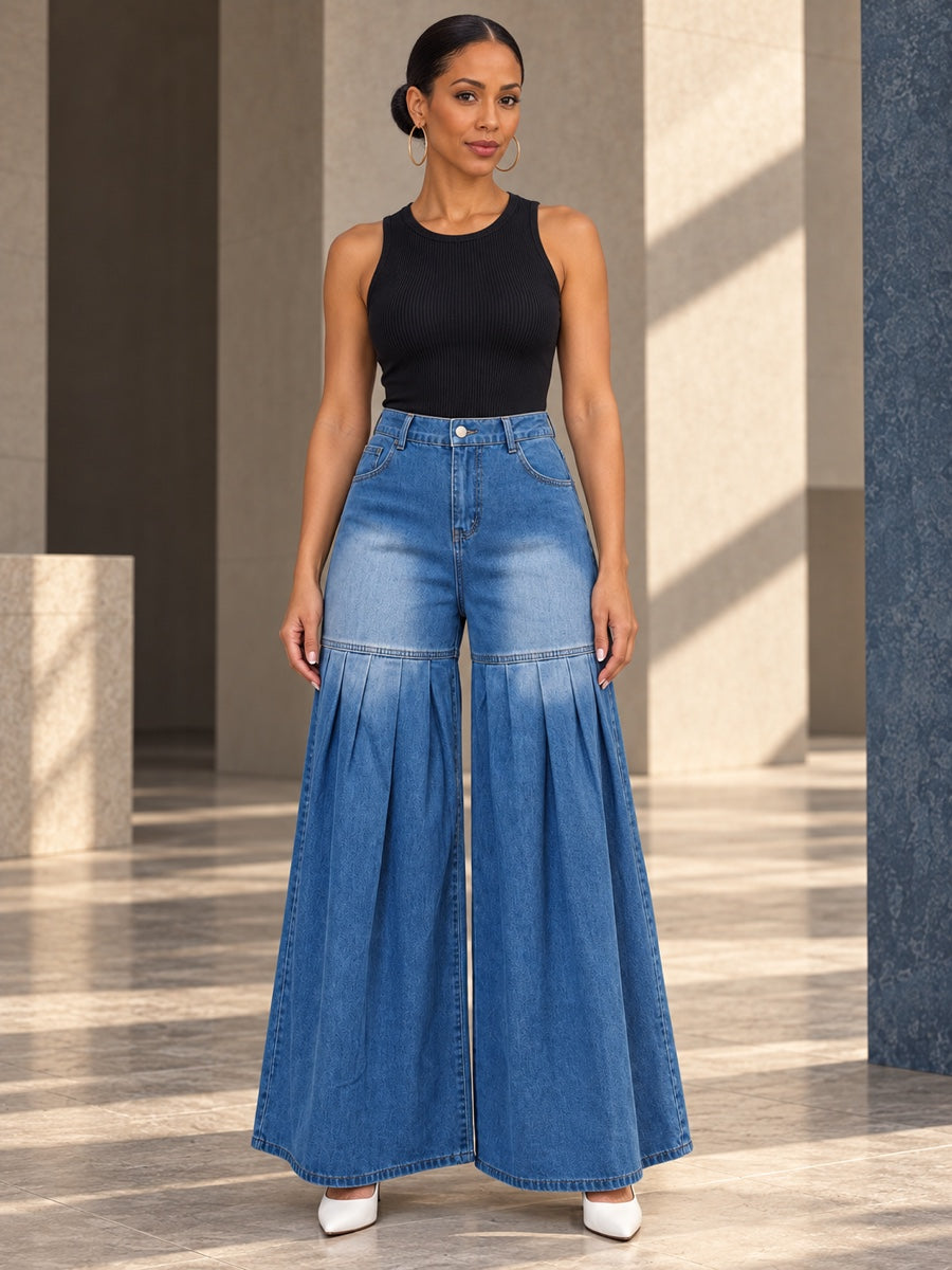 High Waisted Wide Leg Buttoned Elasticity Pleated Pockets Solid Color Split-Joint Zipper Jean Pants Bottoms Trousers - 208193_OL_F1_v01