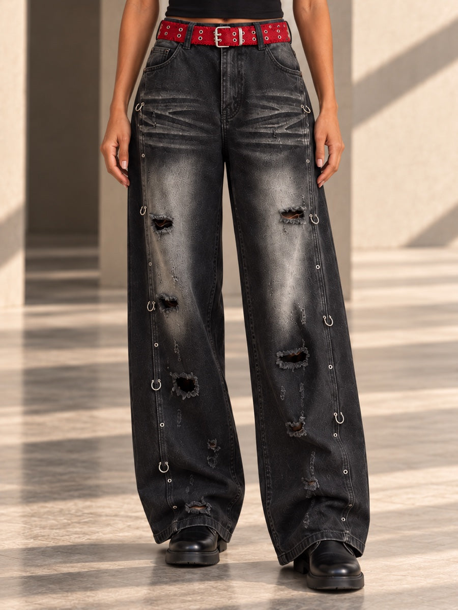 High Waisted Wide Leg Belt Buckle Hollow Pockets Printed Ripped Split-Joint Jean Pants Bottoms - 207025_下半身_v04