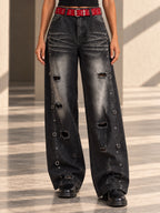 High Waisted Wide Leg Belt Buckle Hollow Pockets Printed Ripped Split-Joint Jean Pants Bottoms - 207025_下半身_v04