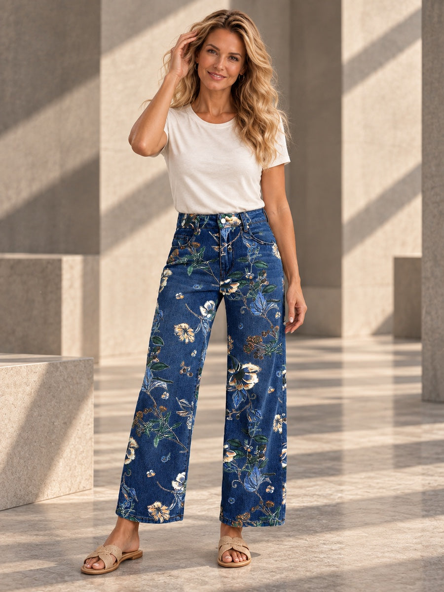 High Waisted Contrast Color Flower Print Pockets Jean Pants Bottoms Trousers - 209466_CF_F2_v20261008