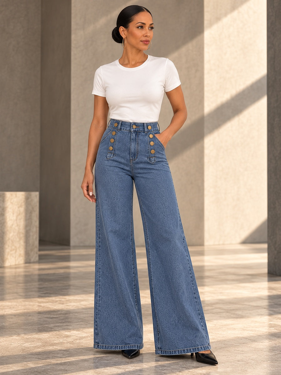 High Waisted Loose Buttoned Split-Joint Jean Pants Bottoms - 181060_OL_F1_v20261008
