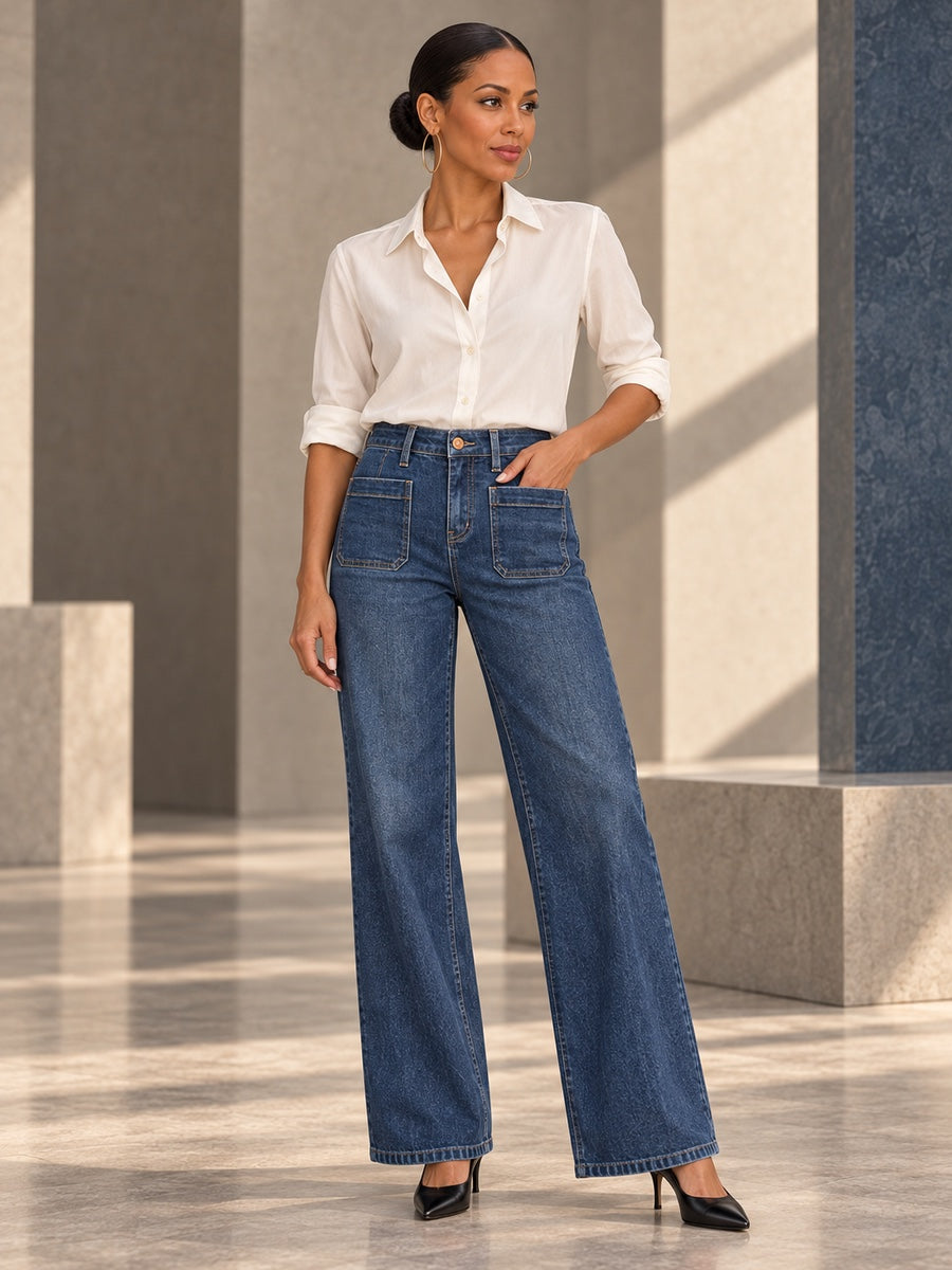 High Waisted Wide Leg Belt Buckle Split-Joint Jean Pants Bottoms - 178153_OL_F3_v20261008