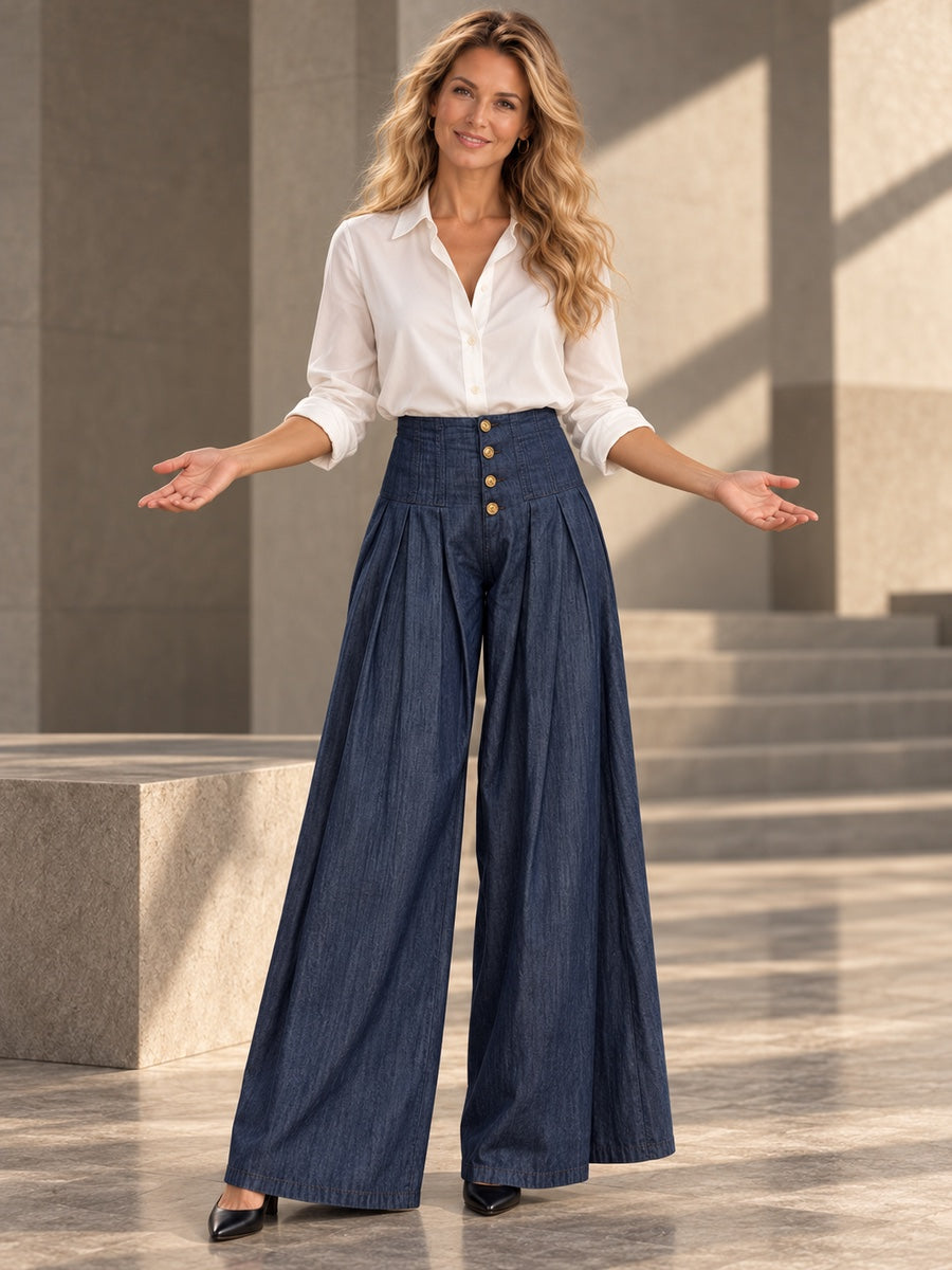 High Waisted Loose Buttoned Pleated Pockets Solid Color Jean Pants Bottoms - 182757_CF_F3_v20261008