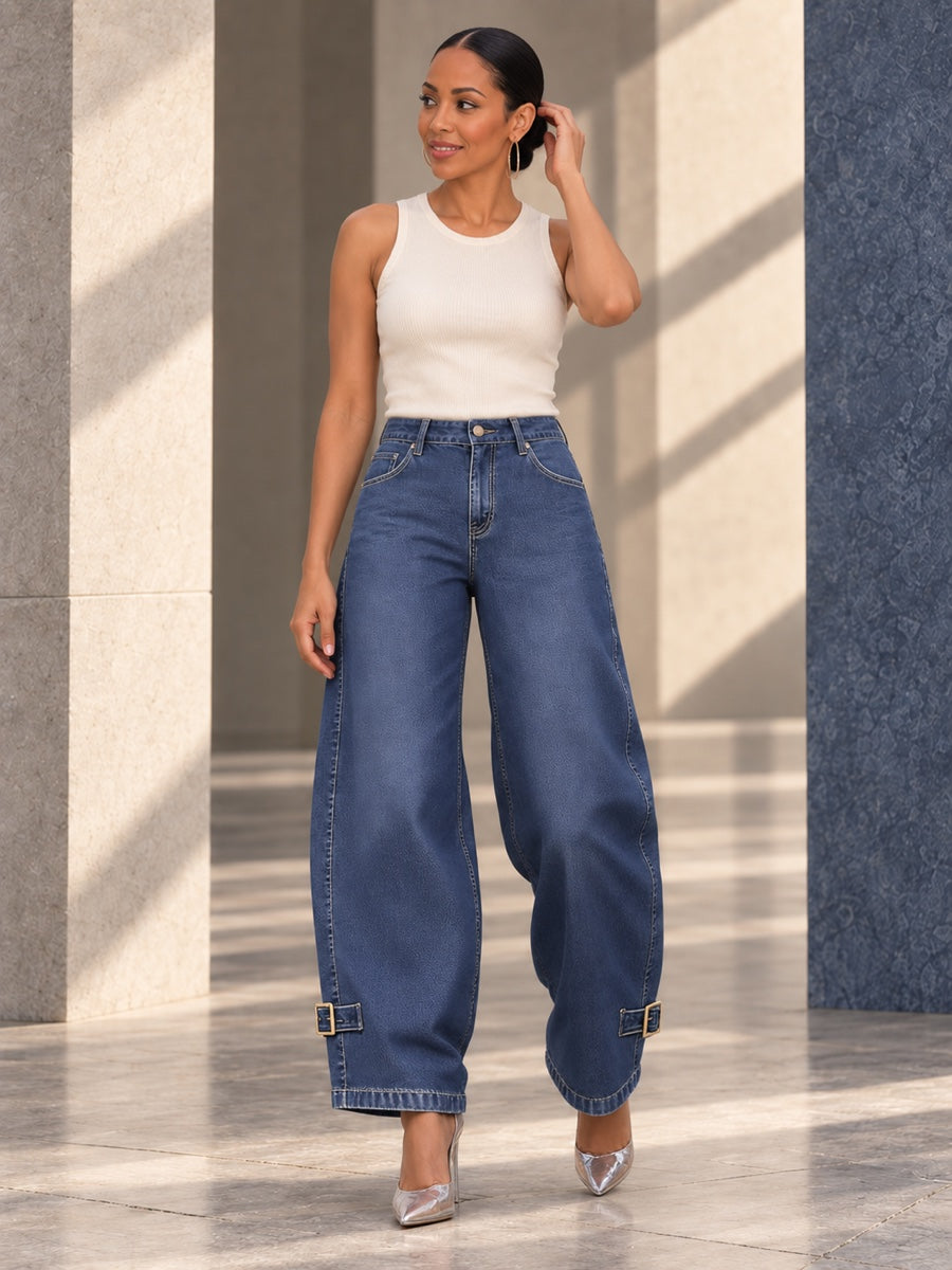 High Waisted Wide Leg Buckle Pockets Solid Color Jean Pants Bottoms - 202332_CF_F2_v01