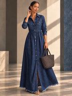A-line Long Sleeves Buttoned Pleated Pockets Solid Color Split-Joint Lapel Maxi Dresses - 209470_CF_F2_v02