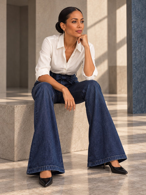 Flared Pants High Waisted Solid Color Tied Waist Jean Pants Bottoms - 154536_OL_F2_v20261008
