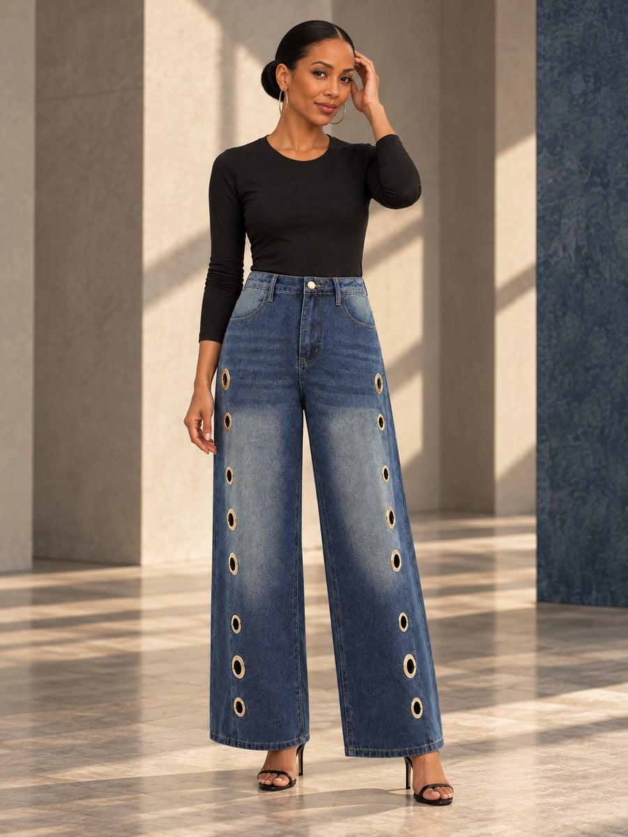 High Waisted Loose Buttoned Geometric Hollow Pockets Split-Joint Jean Pants Bottoms - 202496_CF_F2_v20261008