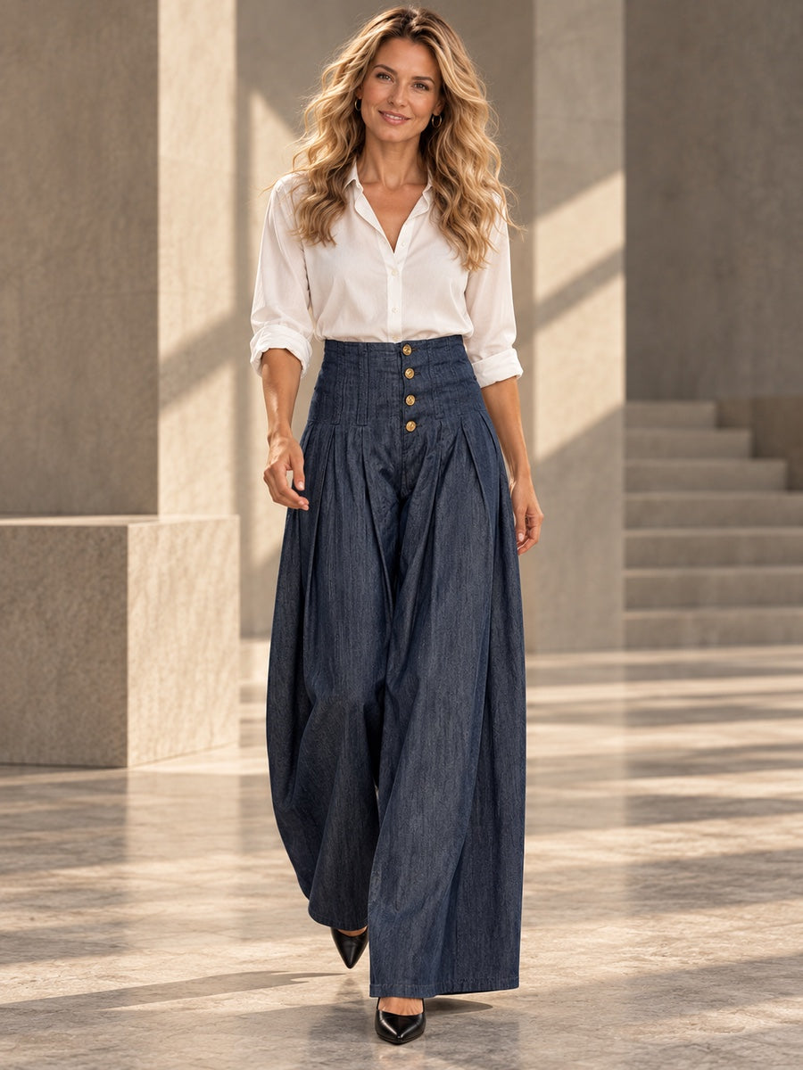 High Waisted Loose Buttoned Pleated Pockets Solid Color Jean Pants Bottoms - 182757_CF_F1_v20261008
