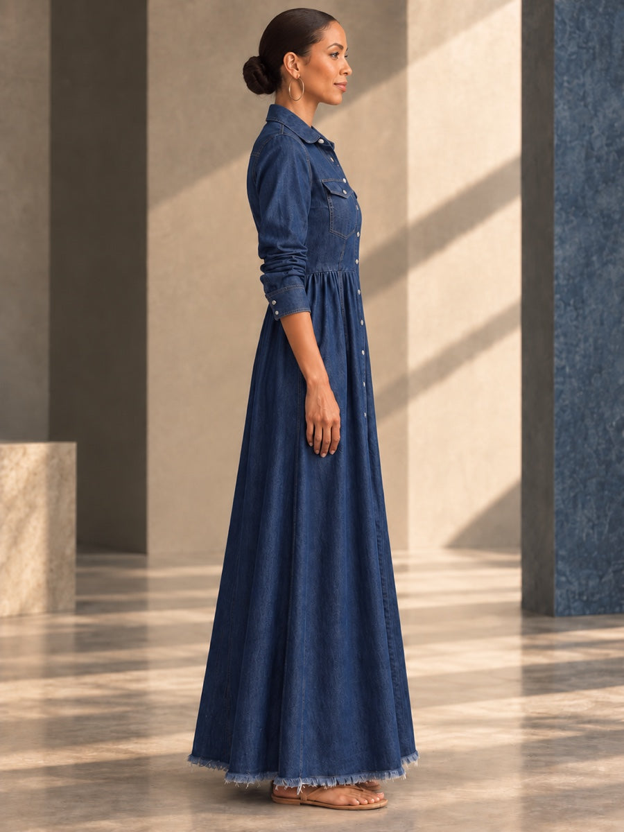 A-line Long Sleeves Buttoned Pleated Pockets Solid Color Split-Joint Lapel Maxi Dresses - 209470_S1_v01
