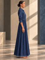 A-line Long Sleeves Buttoned Pleated Pockets Solid Color Split-Joint Lapel Maxi Dresses - 209470_S1_v01