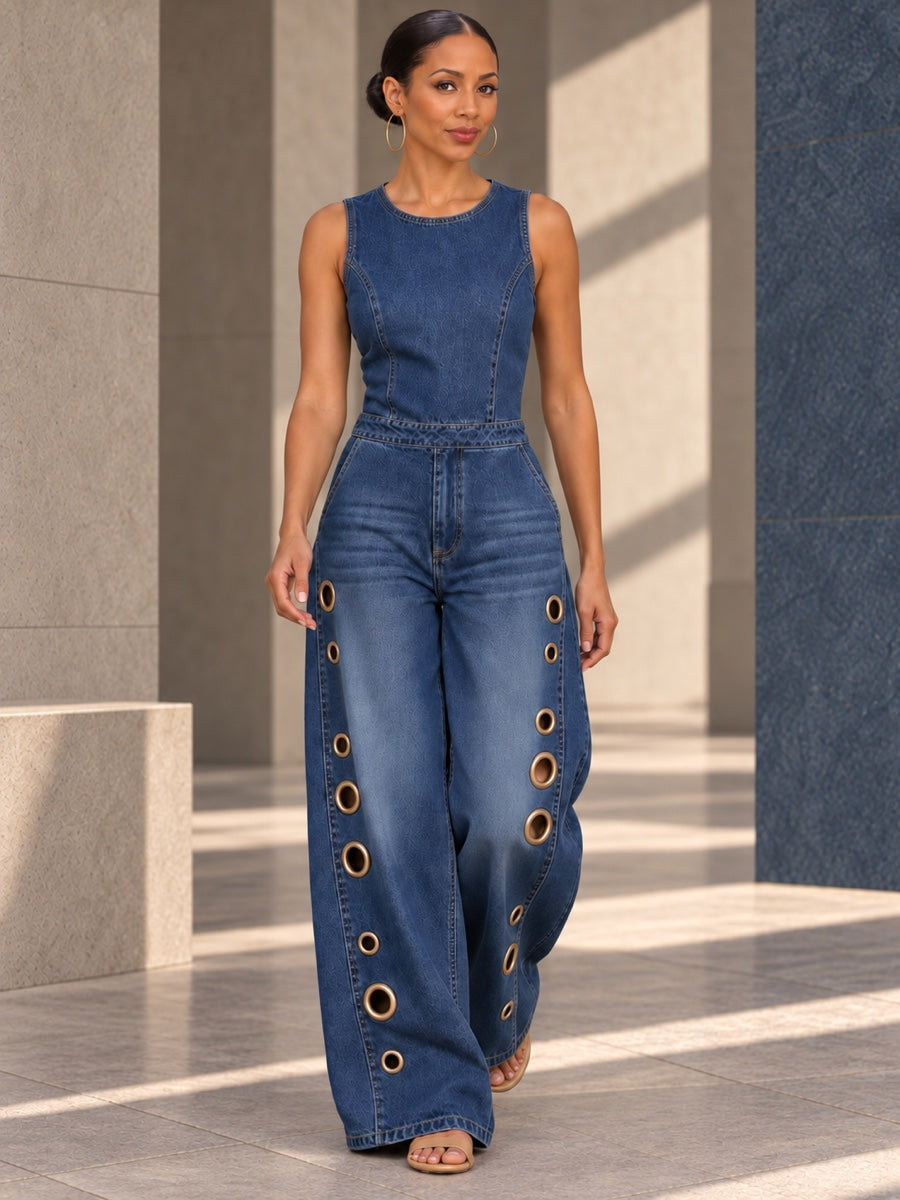 High Waisted Loose Geometric Hollow Pockets Solid Color Split-Joint Round-Neck Jumpsuits - 202423_OL_F3_v01