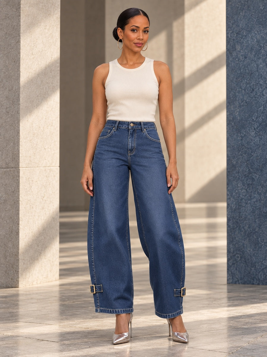 High Waisted Wide Leg Buckle Pockets Solid Color Jean Pants Bottoms - 202332_OL_F1_v01
